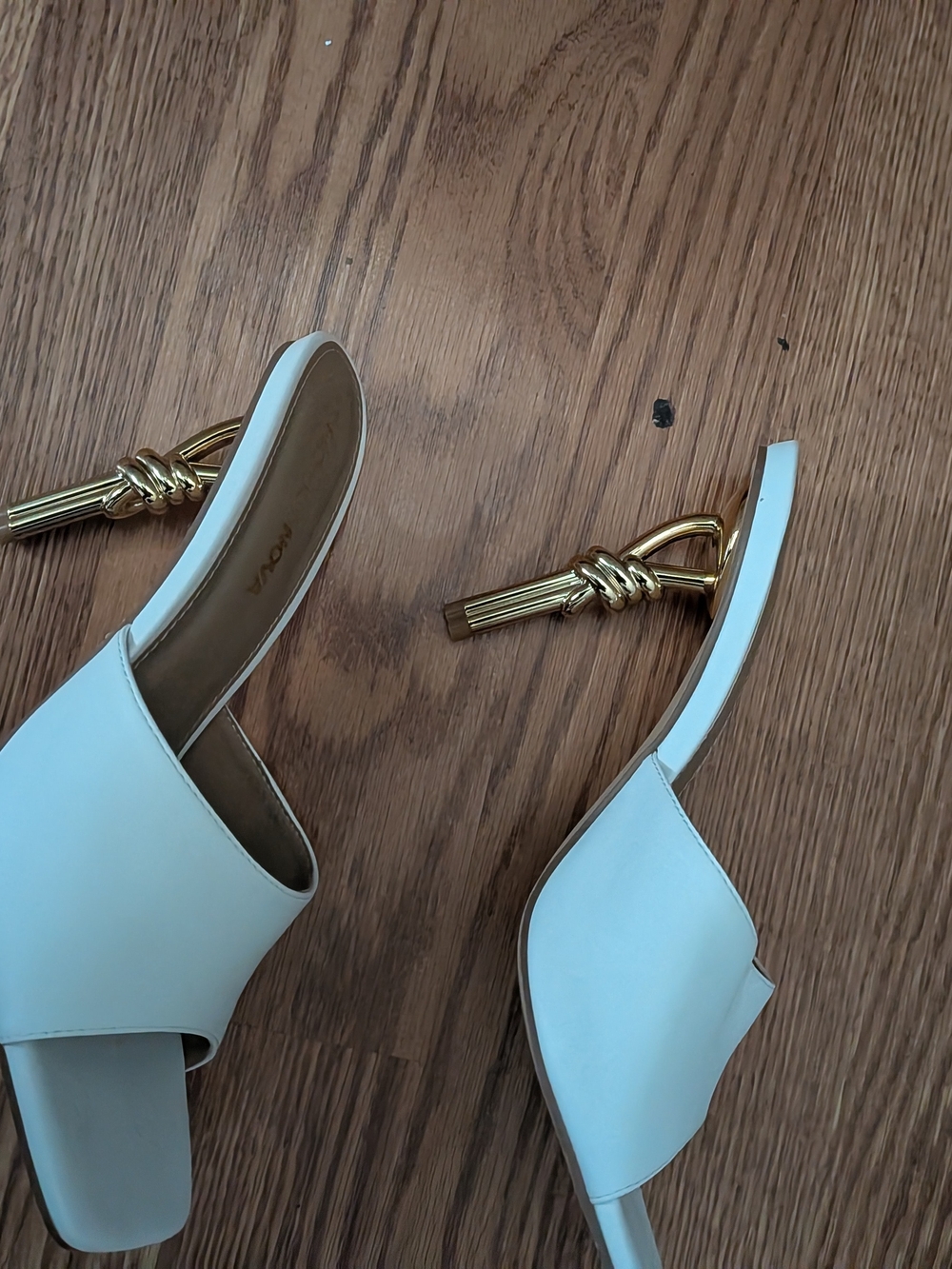 Fashion Nova White Slide Mules with Gold Knot Heel
